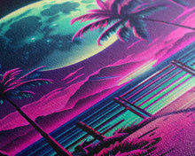 Carregar imagem no visualizador da galeria, Full Moon over a Florida Beach, Palm Trees, Outrun Style Beach Landscape art, framed canvas Print
