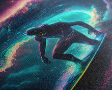 Load image into Gallery viewer, Astronaut surfing the stars, Cosmic Surfer, Galaxy Art, framed canvas print, unique colorful wall art