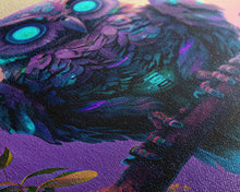 Load image into Gallery viewer, Cyberpunk Robot Owl, framed canvas print, Cybernetic android owl art, vaporwave aesthetic futuristic art