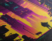 Load image into Gallery viewer, Cyberpunk art, Retrowave style dystopian cityscape art, game room art, framed canvas print, retro wave city skyline