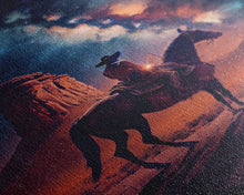 Cargar imagen en el visor de la galería, Cowboy contemplating the stars, framed canvas print, wild west art, western decor