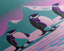 Load image into Gallery viewer, Retrowave Penguins in the Arctic, synthwave style wall art, Antarctica art, framed canvas print, cute animal prints