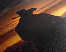 Carregar imagem no visualizador da galeria, A cowboy and his horse at sunset, framed canvas art, canvas print, western decor, farmhouse art