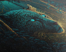 Load image into Gallery viewer, Blue Eyed Black Panther, framed canvas print, unique wall art, wildlife canvas art, living room wall art