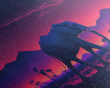 Load image into Gallery viewer, Elephant Art | Framed Canvas Print | Synthwave Style Framed Wall Art | Animal Prints | Elephant Walks Under A Full Moon | Kid's Room Decor