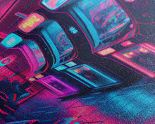 Cargar imagen en el visor de la galería, Game Room Decor, Framed Canvas Print, Synthwave Arcade, Boys Room, Gamer Gift, Gaming Wall Art, Video Game Posters, Teen Room