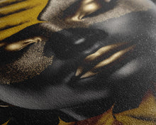 Load image into Gallery viewer, Beautiful Woman Art Framed Canvas Print Black Gold Woman Wall Art Lady Print, Gold Face Leaves Palm decor ready to hang Ethnic girl portrait