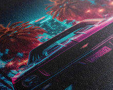 Load image into Gallery viewer, American Muscle Car on Sunset Strip, Retro Synthwave Art, Framed Canvas Print, Gift For Him, Muscle Car Art