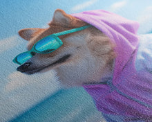 Cargar imagen en el visor de la galería, Corgi In Purple Hoodie Sunglasses Wall Print, Beach Art, Dog Print, Dog Portrait, Framed Wall Art, Framed Canvas, Wall Print, Wall Canvas