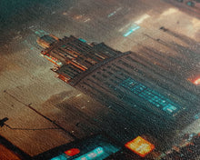 Load image into Gallery viewer, Art Deco Cyberpunk Cityscape Canvas Print, Scifi art, cool wall art for mancave, dystopian art, architecture