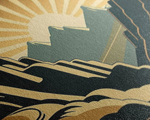 Carregar imagem no visualizador da galeria, Art Deco Style Mountain landscape at Sunset, Framed Canvas Print, Large Format Wall Art, Huge Wall Decor