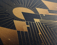 Carregar imagem no visualizador da galeria, Art Deco Style Mountain landscape at Sunset, Framed Canvas Print, Large Format Wall Art, Huge Wall Decor, Black and Gold