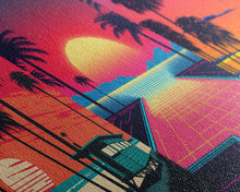 Load image into Gallery viewer, Midcentury Modern Wall Art, Mid Century Modern, 3 Piece Framed Canvas, 3 Panel Art, Triptych Art, Vaporwave Palm Trees and Sunset, 80s Retro
