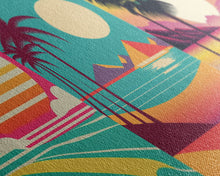 Load image into Gallery viewer, Beautiful Turquoise Retro Style Beach Art, Triptych 3 Panel Framed Canvas Prints, Palm Trees and Sunset, 80s Vibes Vaporwave Art Deco Mashup