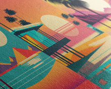 Load image into Gallery viewer, Beautiful Turquoise Retro Style Beach Art, Triptych 3 Panel Framed Canvas Prints, Palm Trees and Sunset, 80s Vibes Vaporwave Art Deco Mashup