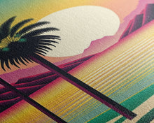 Carregar imagem no visualizador da galeria, Framed Canvas Print - Art Deco Sunset Scene - Mountains, Palmtrees & Beaches - Retro Style Art - Living Room Decor