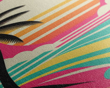 Carregar imagem no visualizador da galeria, Framed Art Deco Canvas Print - Sunset Beach Scene, Minimalist Palms, Retro Style - Pink and Turquoise Vaporwave Art