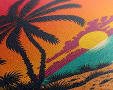 Carregar imagem no visualizador da galeria, Framed Canvas Print - Art Deco Sunset, Beaches, Minimalist Palm trees - Island Vibes - Retro Tropical Art - Pop Art Beach Decor
