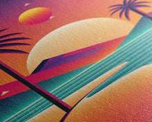 Carregar imagem no visualizador da galeria, Framed Canvas Print | Art Deco Sunset | Retro Style | Palm Trees | Island Vibes | Desert Pyramids and Palm Trees | Desert Art