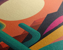 Load image into Gallery viewer, Pop Art Framed Canvas Print of Desert Landscape at Sunset, Outrun Style Sunset Full Moon Art, Unique 80s Vibe Retro Art, Art Deco