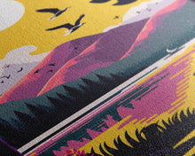 Load image into Gallery viewer, Colorful Pop Art Picture of a Mountain and Forest Landscape, Framed Canvas Print, Surrealist High Contrast Cel Shaded Landscape Art