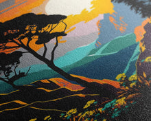 Load image into Gallery viewer, Colorful Pop Art Picture of a Mountain and Forest Landscape, Framed Canvas Print, Surrealist High Contrast Cel Shaded Landscape Art