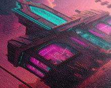 Load image into Gallery viewer, Art Deco Cyberpunk Diner, Wild West Mashup Art, Framed Canvas Print, Neon Art, Wild West Concept Art