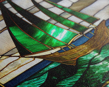 Load image into Gallery viewer, Emerald Green and Gold Art Deco Sail Boat, Framed Canvas Print, Retro MCM Style Wall Art, Midcentury Modern, Vintage Style, Stained Glass