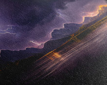 Carregar imagem no visualizador da galeria, Full moon canvas print, Lightning storm over a mountain lake at night, cool wall art, awesome wall art