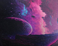 Load image into Gallery viewer, Beautiful Science Fiction Wall Art, Synthwave Style Scifi Art, Framed Canvas Print, Panoramic Alien Worlds and Star Filled Night Sky