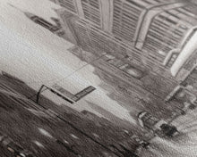Load image into Gallery viewer, Detailed Street Sketch Canvas Print, City Wall Art, Bus, Cars, Buildings, Monochromatic Urban Art Print, Panoramic, Wall Art, Canvas Print