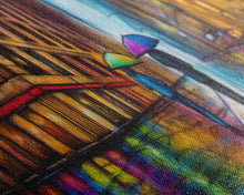 Cargar imagen en el visor de la galería, Colorful Umbrellas City Canvas Print, Large Urban Art Print, Two People Walking On Street, Vibrant Art, Panoramic, Wall Art, Canvas Print