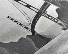 Load image into Gallery viewer, Black And White Suspension Bridge Canvas Print, Large Urban Art Print, Sailboat, River, Landscape, Panoramic, Wall Art, Canvas Print