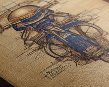 Load image into Gallery viewer, Da Vinci style steampunk motorcycle diagram, canvas print, man cave wall art, motorcycle art