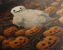 Carregar imagem no visualizador da galeria, Fall Omens - Spooky Ghost In A Pumpkin Patch, Halloween Decor, Fall Art, Framed Canvas Print, Spooky Halloween Decor