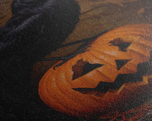 Load image into Gallery viewer, Crow Atop A Jack O Lantern, Framed Canvas Print, Halloween Decor, Raven Painting, Victorian Oil Painting Print, Macabre Horror Print
