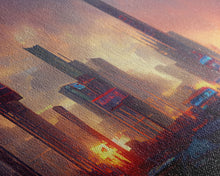 Load image into Gallery viewer, Cyberpunk Cityscape, Metropolis Art, Ready To Hang Canvas Print, Panoramic, Night City Watercolor Concept Art