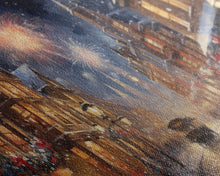 Cargar imagen en el visor de la galería, Christmas / New Years Fireworks - Framed Canvas Print - Christmas Wall Art - Christmas Oil Painting - Holiday Decor - Seasonal Art