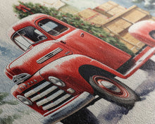 Cargar imagen en el visor de la galería, Christmas Tree Delivery - Retro Farmhouse Christmas Decor - Old Red Truck Delivering Christmas Trees - Framed Canvas Print - Holiday Decor