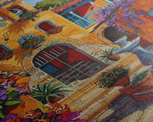 Cargar imagen en el visor de la galería, Bright Mexican Style Tall Art Framed Canvas Print Depicting Ornate Blue Door And Rustic Courtyard