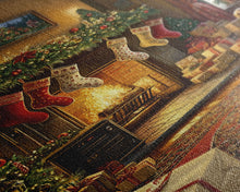 Load image into Gallery viewer, Cozy Christmas Mantle Decor Framed Canvas Print With Stockings Hanging And Presents By The Fire, Seasonal Holiday Wall Art Farmhouse Style