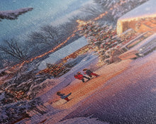 Cargar imagen en el visor de la galería, Classic Winter Christmas Neighborhood Framed Canvas Print Tall Art With Lights And Christmas Tree, Holiday Wall Art Home Decor