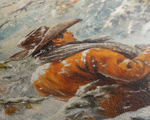 Load image into Gallery viewer, Cowboy in Snowy Orchard Canvas Print with Frosty, Christmas Wall Art Gift, Seasonal Decor, Winter Wonderland, Holiday Decor, Canvas Print