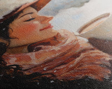 Carregar imagem no visualizador da galeria, Framed canvas print of a peaceful winter scene with a woman a hot chocolate perfect for holiday gift idea or rustic Christmas wall art decor