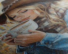 Carregar imagem no visualizador da galeria, Fall-themed farmhouse framed canvas print a woman with coffee amidst autumn leaves ideal harvest home decor or seasonal wall art gift idea