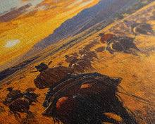 Load image into Gallery viewer, Cowboy Riders at Dusk Framed Canvas Print, Warm Sunset Western Scene with Riders on the Plains, Fall Decor Ranch Homes and Country Wall Art