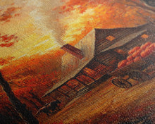 Carregar imagem no visualizador da galeria, Autumn Cabin with Pumpkins Framed Canvas Print, Warm Fall Countryside Scene with Golden Leaves, Cozy Rustic Farmhouse Wall Art Decor