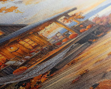 Cargar imagen en el visor de la galería, Cozy autumn cabin porch with pumpkins and scenic view, Framed Canvas Print, perfect above sofa art, fall seasonal decor, gallery wall