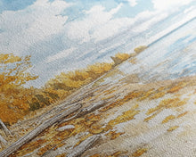 Load image into Gallery viewer, Autumn beach scene with golden trees and calm shoreline Framed Canvas Print, fall landscape art perfect autumn wall decor for rustic homes