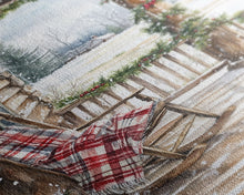 Carregar imagem no visualizador da galeria, Farmhouse porch decorated with garland and cozy rocking chair, Framed Canvas Print winter decor idea for rustic home Christmas wall art